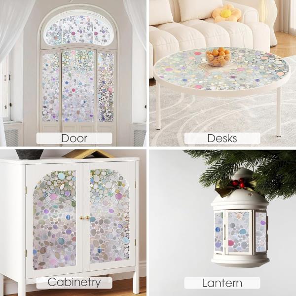 Stained Glass Window Privacy Film 3D Pebble Rainbow Film Colored Window Cling UV Protection 23.6x118inch