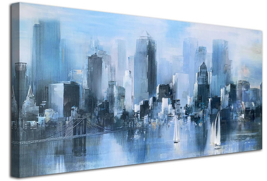 Acocifi New York City Canvas Wall Art Abstract Cityscape Brooklyn Bridge Painting, Skyline Picture Sailboat Blue Print Textured Artwork Framed for Living Room Bedroom Kitchen Office Home Decor 40"x20"