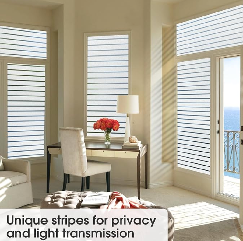 Window Privacy Film:Stripe Frosted Glass Window Film Non-Adhesive Privacy Window Film Window Blinds Window Vinyl For Door Window Cover Privacy Static Cling Home Office Bathroom UV protect 45.2x118.1in