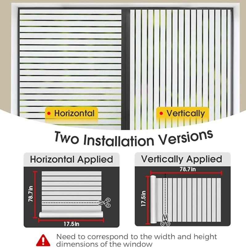 Window Privacy Film:Stripe Frosted Glass Window Film Non-Adhesive Privacy Window Film Window Blinds Window Vinyl For Door Window Cover Privacy Static Cling Home Office Bathroom UV protect 45.2x118.1in