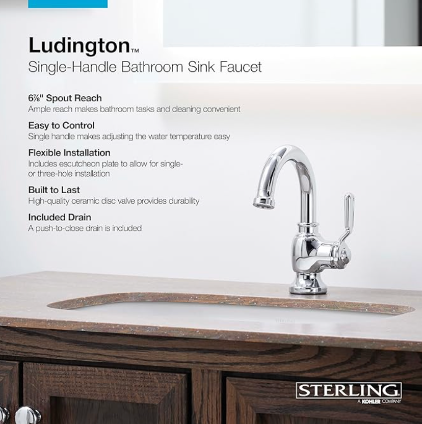 Sterling 27374-4N Ludington 0.5 GPM Single Hole Bathroom Faucet with Pop-up Drain Assembly Vibrant Brushed Nickel Faucet Bathroom Sink Faucets Single