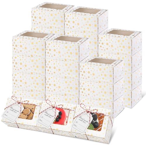 Sayglossy 72 Pcs Cookie Boxes with Window Gold Star Snowflake Bakery Boxes 8.3 x 6 x 3.7 Inch Pastry Treat Containers with Ribbon and Tags for Cupcakes Dessert Donut Gift Giving New Year Party Favor