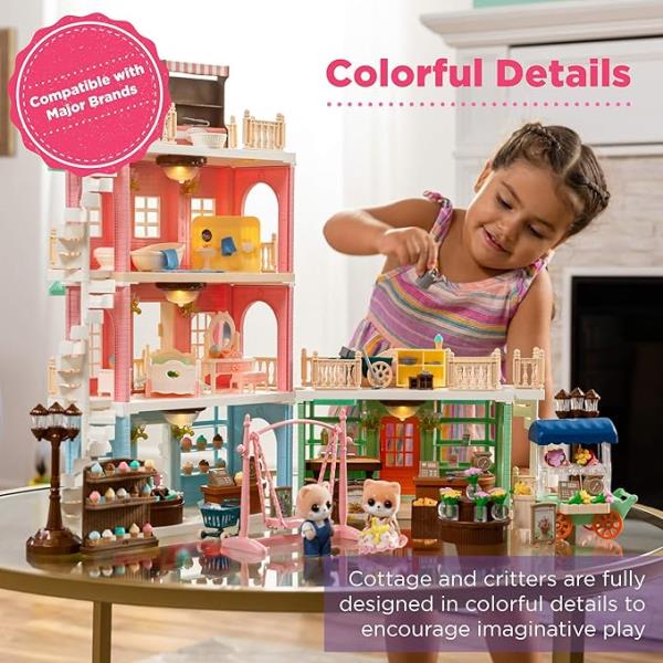 Tiny Critter Dollhouse Deluxe Cottage Mansion Pretend Play Toy Playset W/ 225 Accessories for Kids